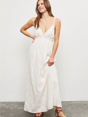 White Lace Maxi Dress with V-Neck and Spaghetti Straps